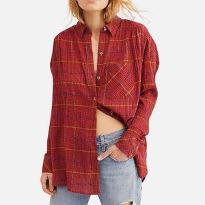 Free People "Break My Stride" Red Metallic Plaid Button-Up